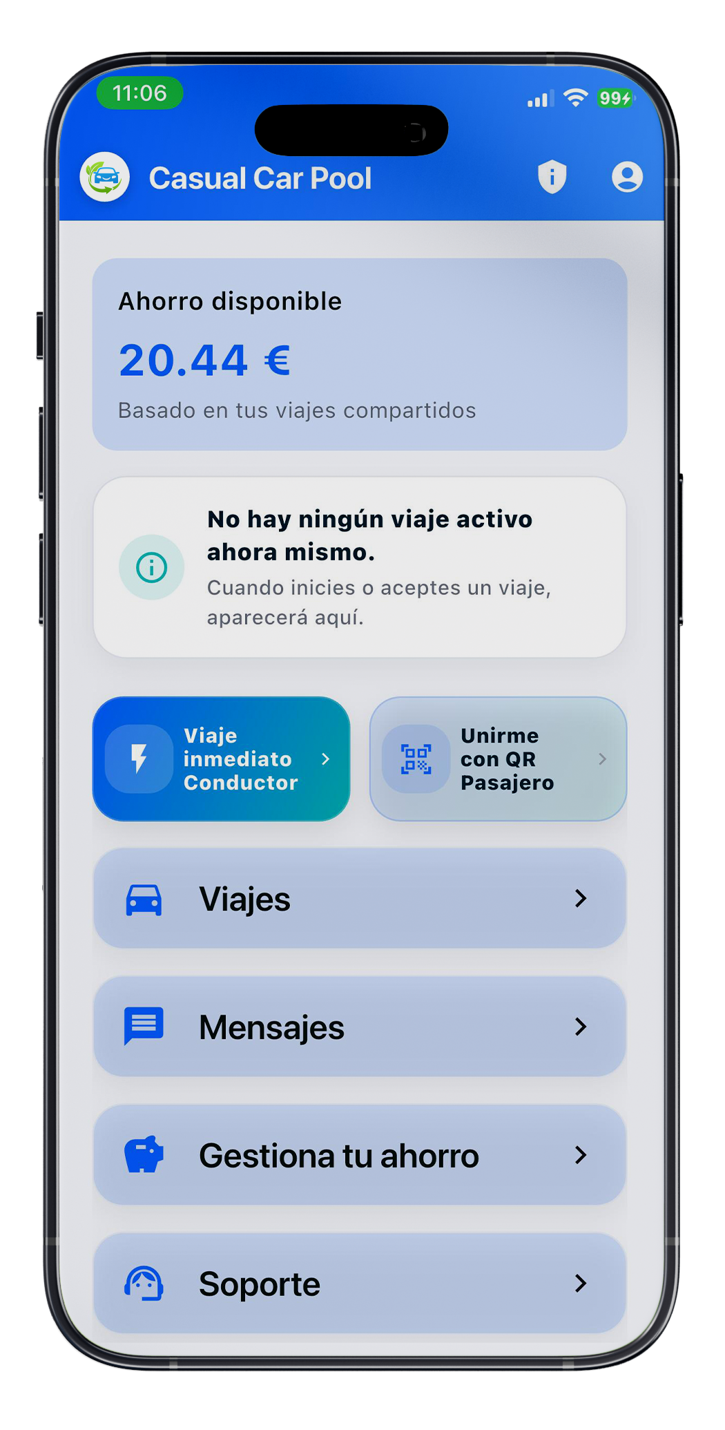 Pantalla de la app CasualCar mostrando el ahorro disponible